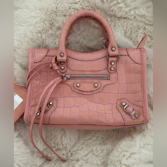 *RARE* Balenciaga Patent Crocodile Embossed Nano City Light Pink - Picture 10 of 15